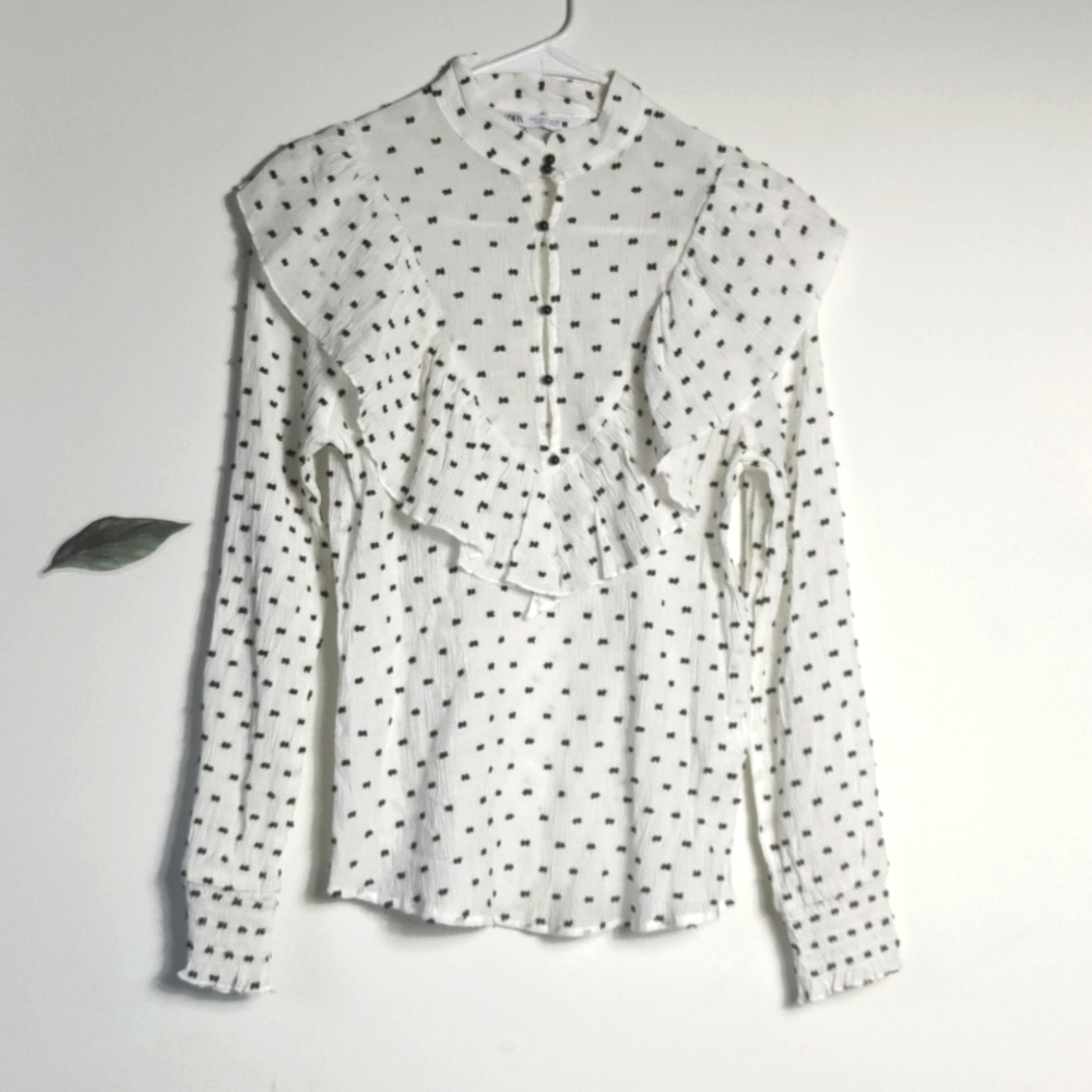 NWOT Zara Victorian Textured Ruffle Polkadot Shirt
